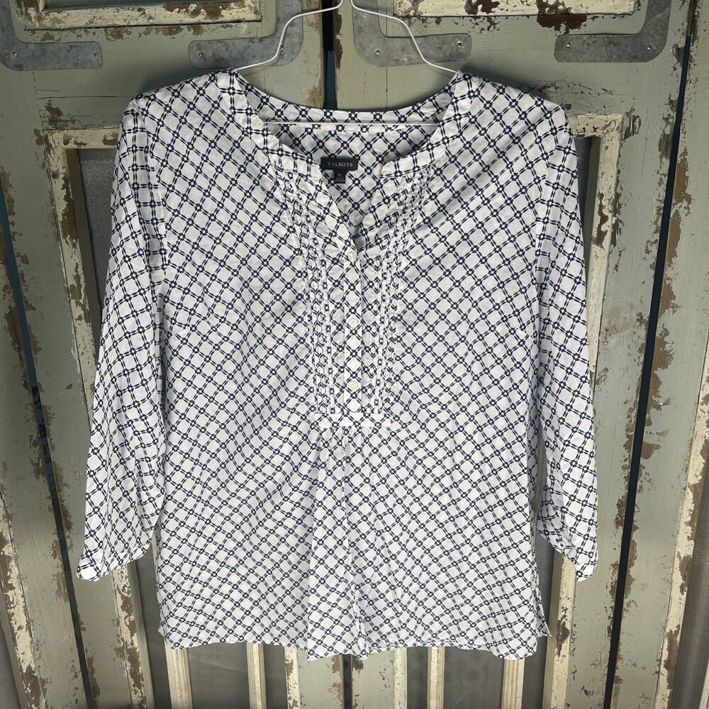Talbots Women Top Blue Diamond Pattern Blouse 3/4 Sleeve Size XL Coastal Boho